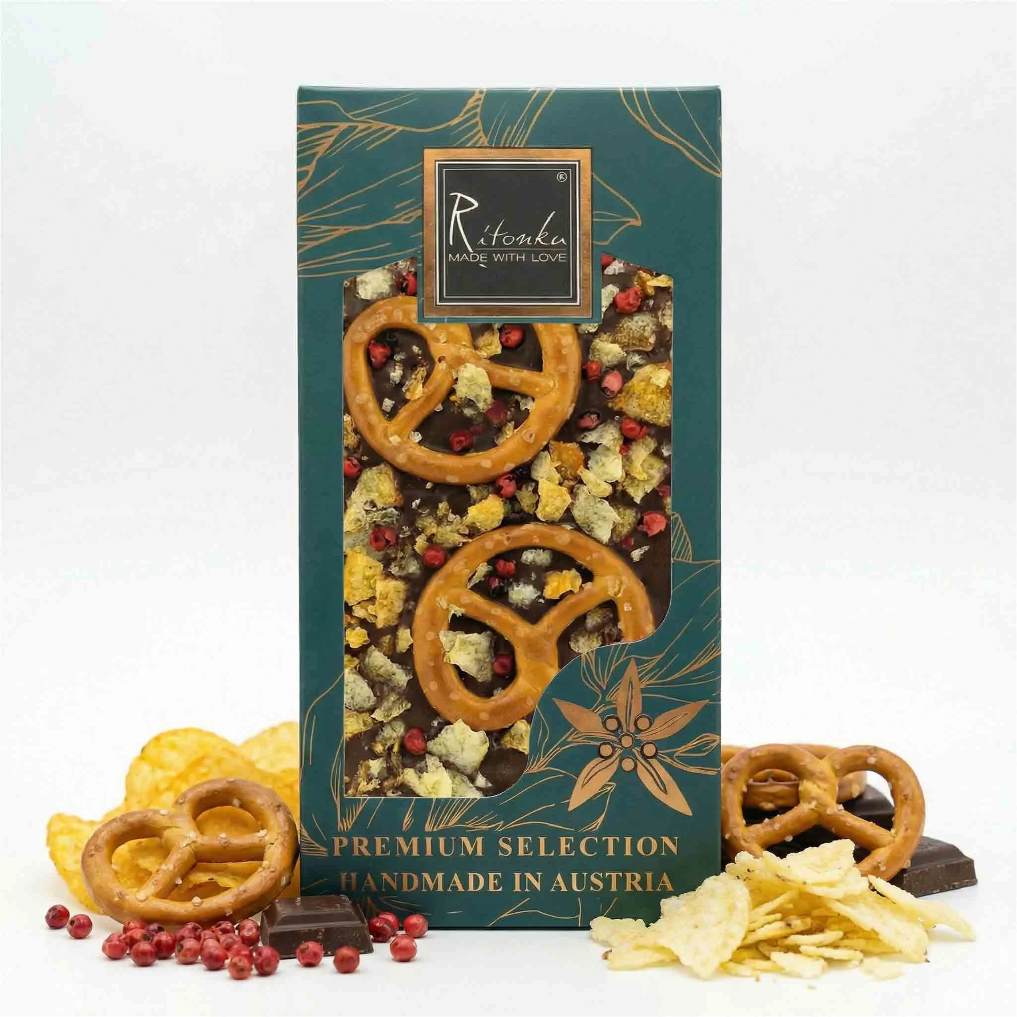 Premium Milchschokolade - Crispy Chips, Brezel, red Pepper 95g