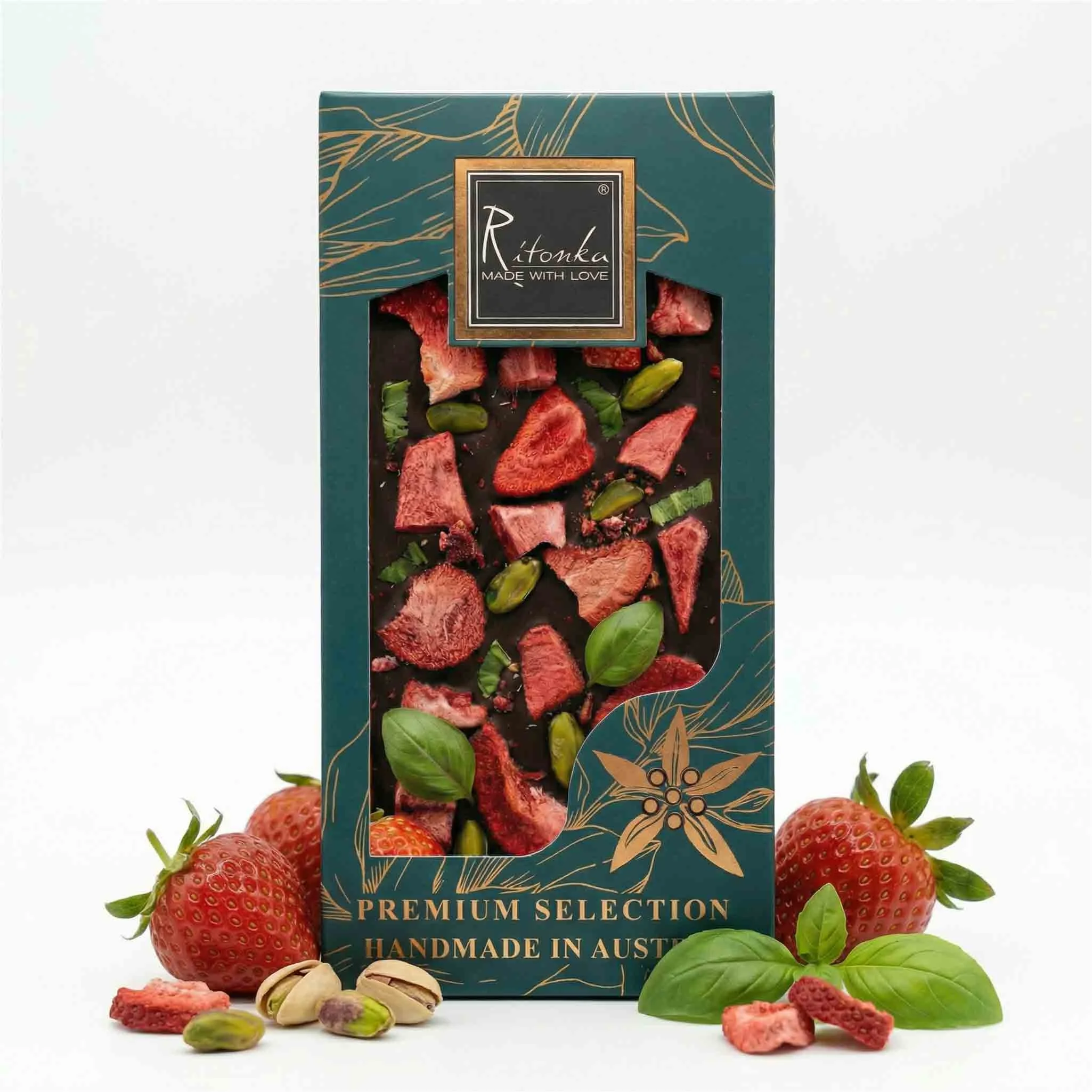 PREMIUM Milchschokolade - Erdbeere, Pistazien, Basilikum 95g