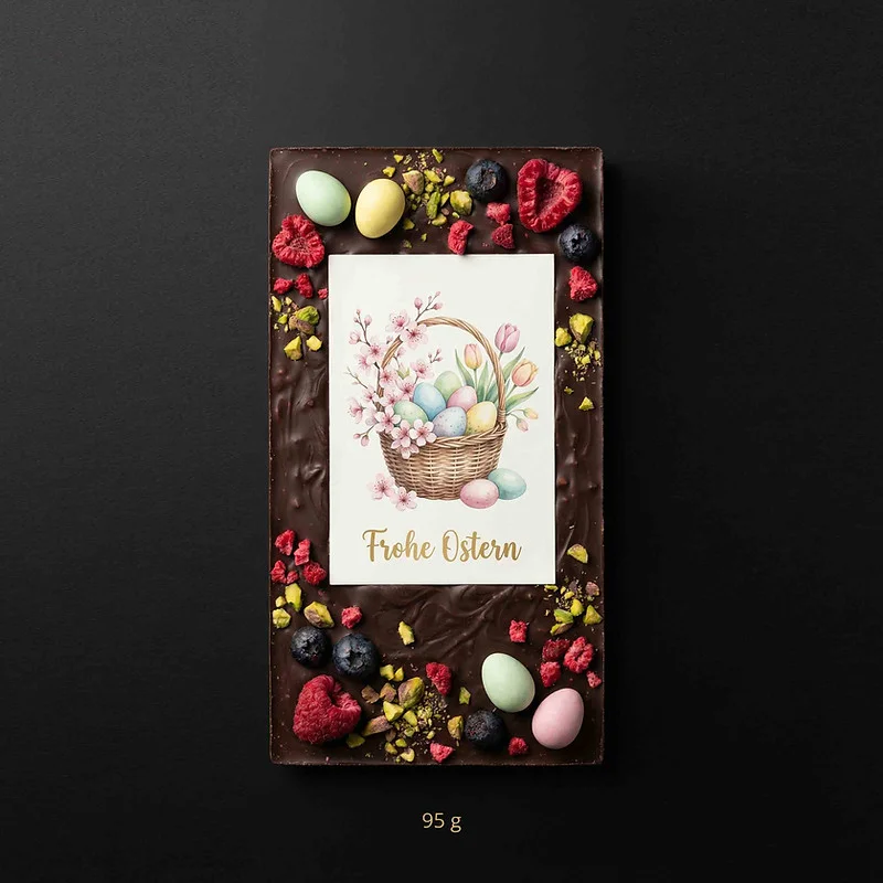 Milchschokolade Osterkorb, Himbeeren, Pistazien, Johannisbeeren, Eier.