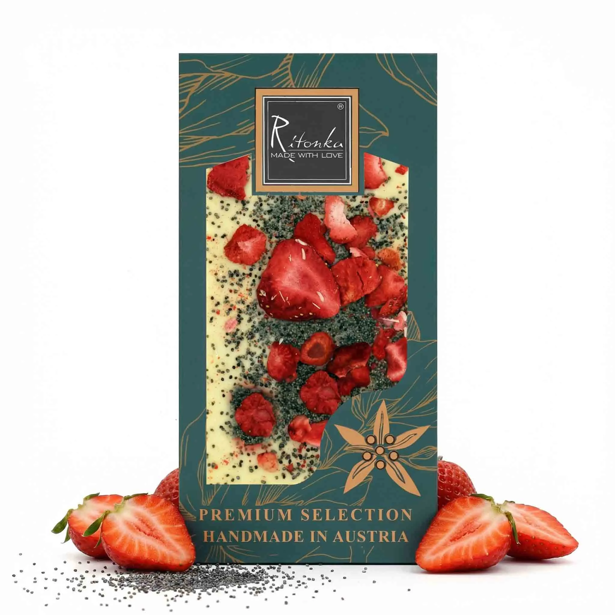 PREMIUM weiße Schokolade - Erdbeere, Mohn 95g