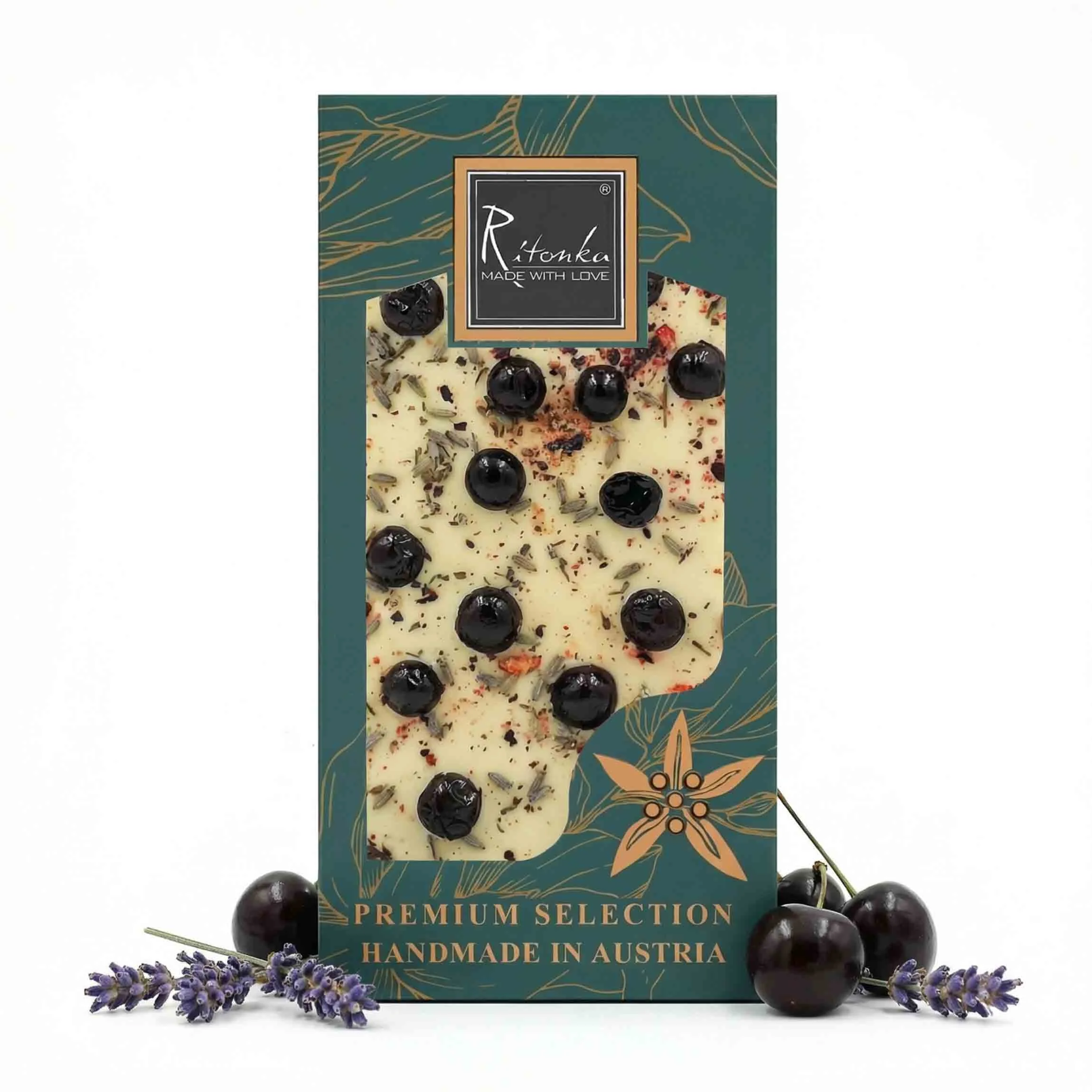 PREMIUM weiße Schokolade - Lavendel, Schwarze Johannisbeere 95g