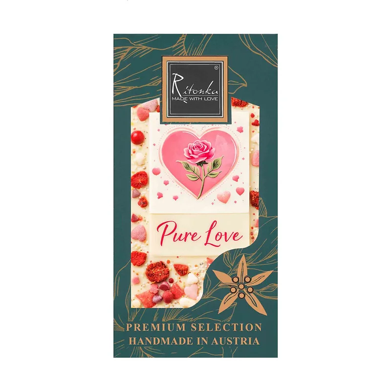 Premium weiße Schokolade „PURE LOVE“ Erdbeere, Schokoherzen