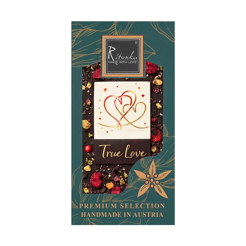 Premium Bitterschokolade „TRUE LOVE“ Himbeeren, Rose, Pistazien 95g