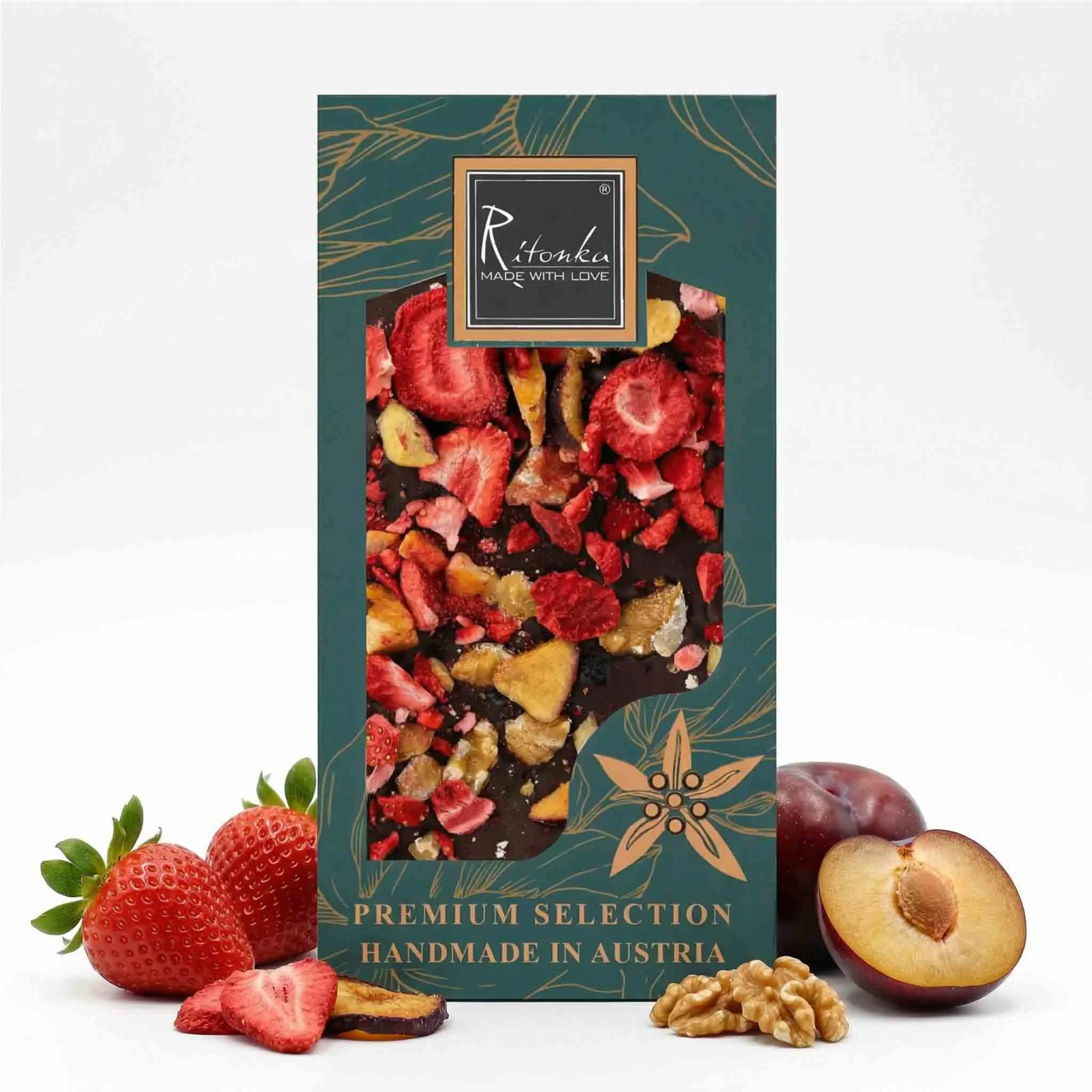 PREMIUM Bitterschokolade - Pflaume, Erdbeere, Walnuss 95g
