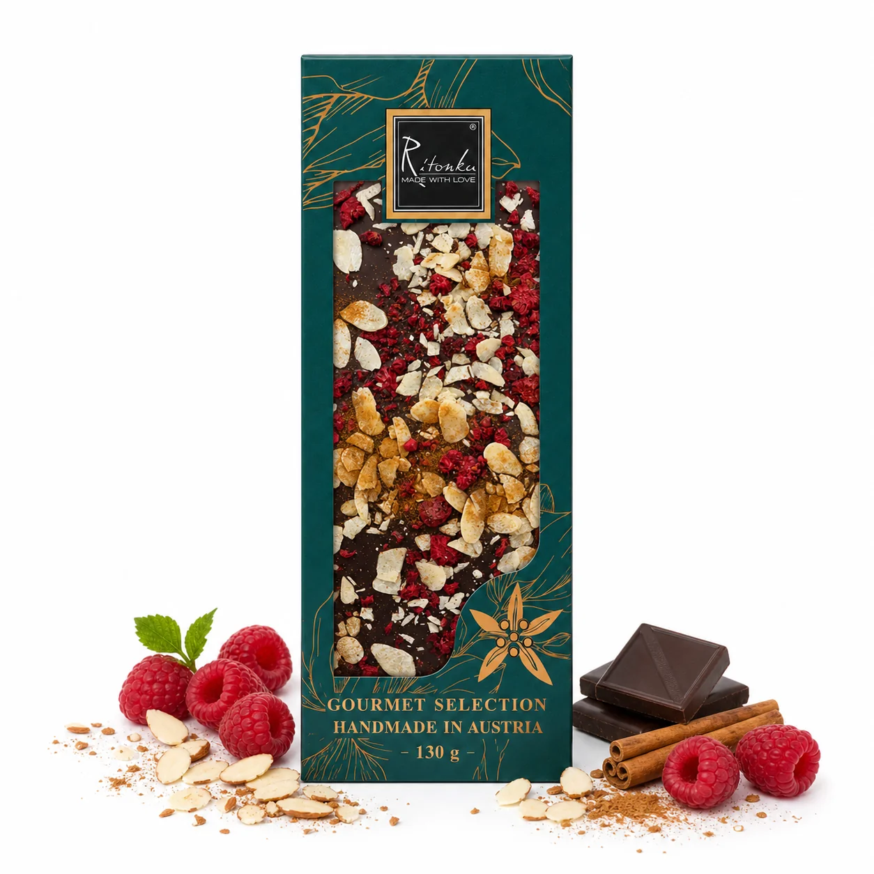GOURMET Bitterschokolade - Himbeeren, Mandel, Zimt 130g