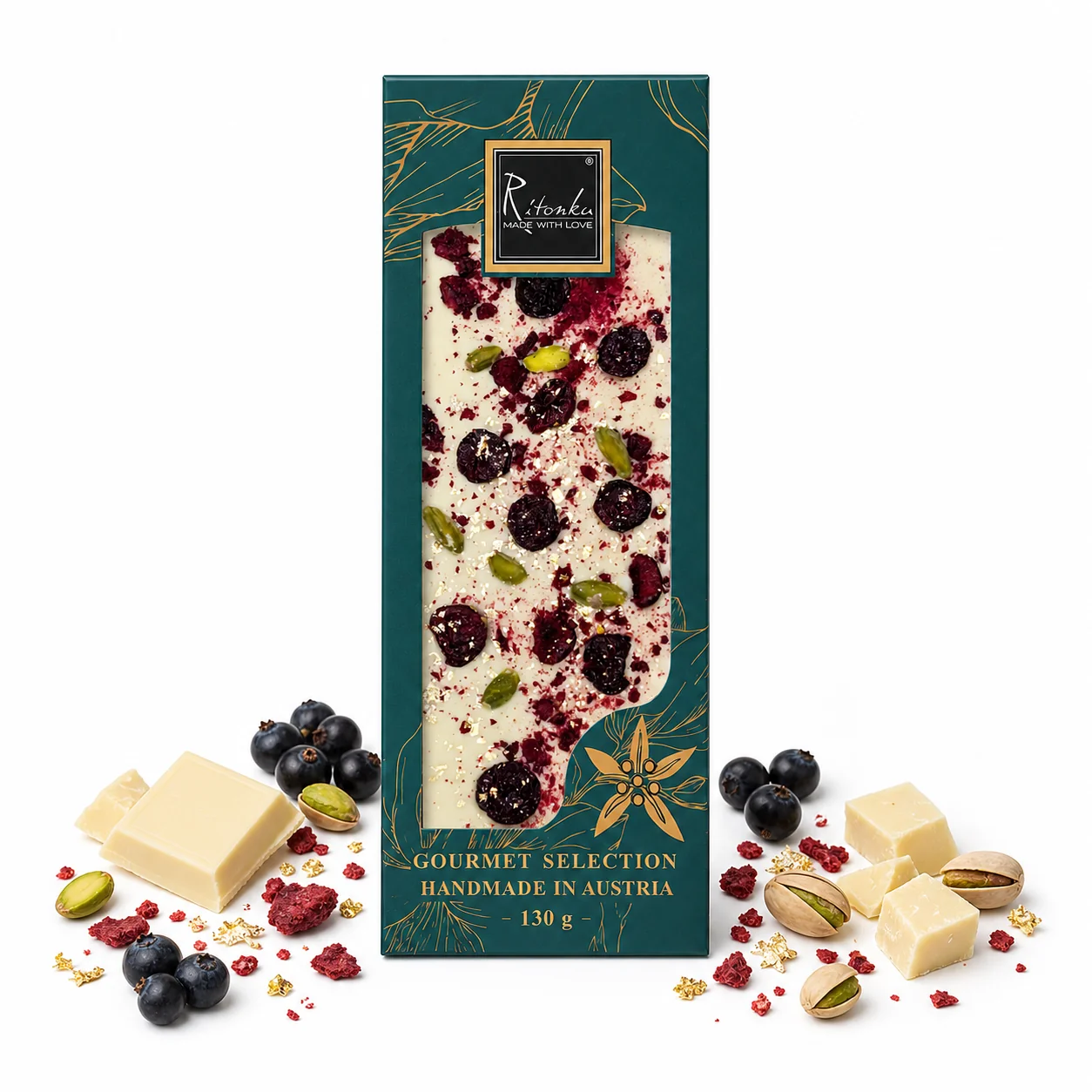 Gourmet Weiße Schokolade - Pistazien, Kirschen, Gold 95g