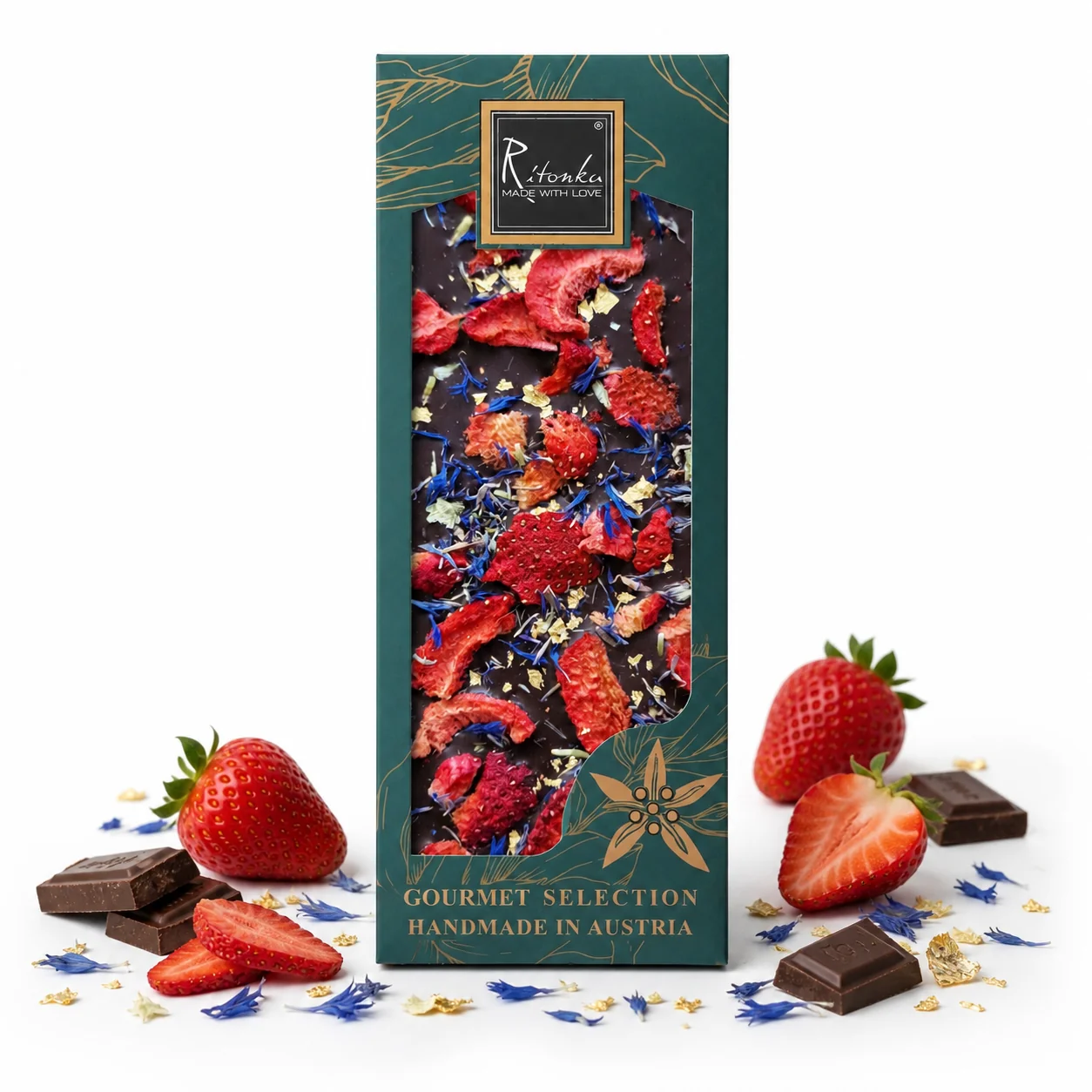 GOURMET Bitterschokolade - Erdbeere, Kornblume, Gold 130g