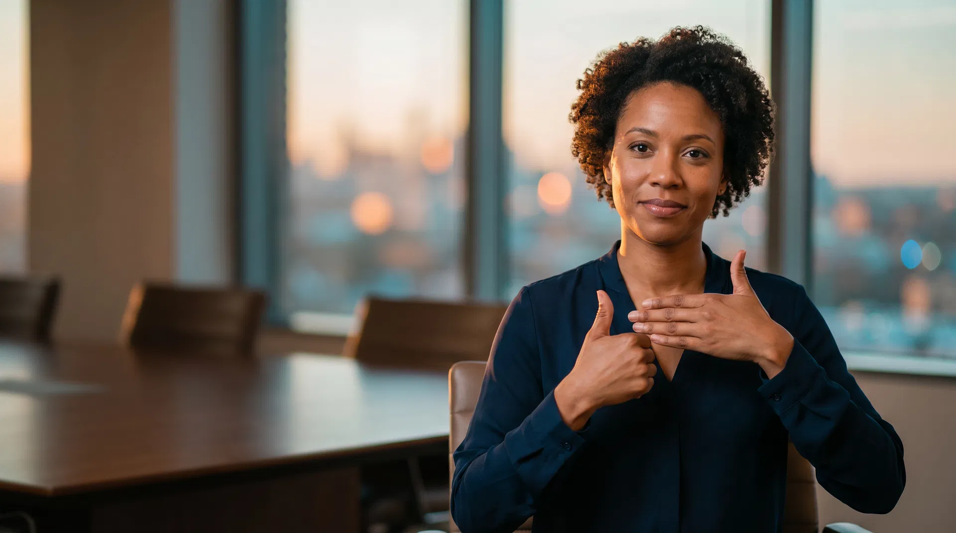 Professional certified ASL interpreter signing in a corporate setting