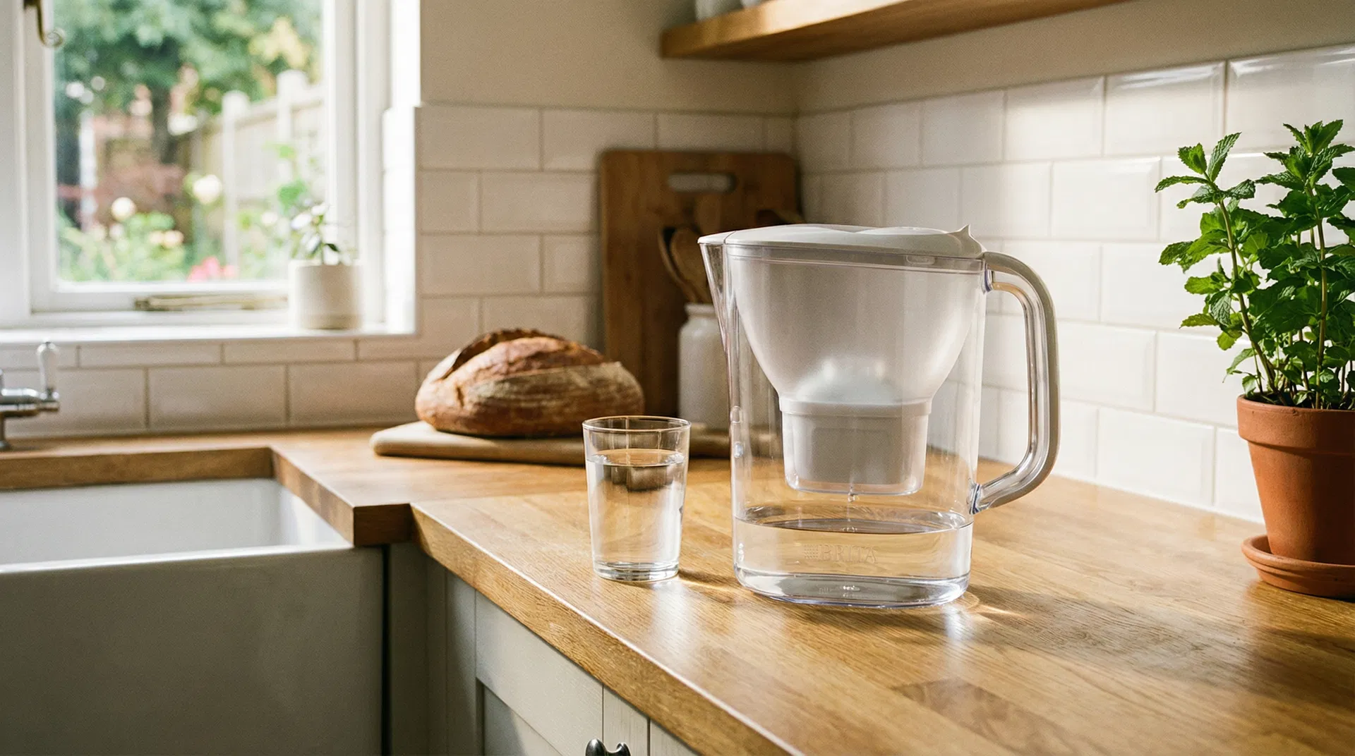 A water filter jug on a British kitchen countertop next to a glass of filtered water — Level 1 simple taste improvement