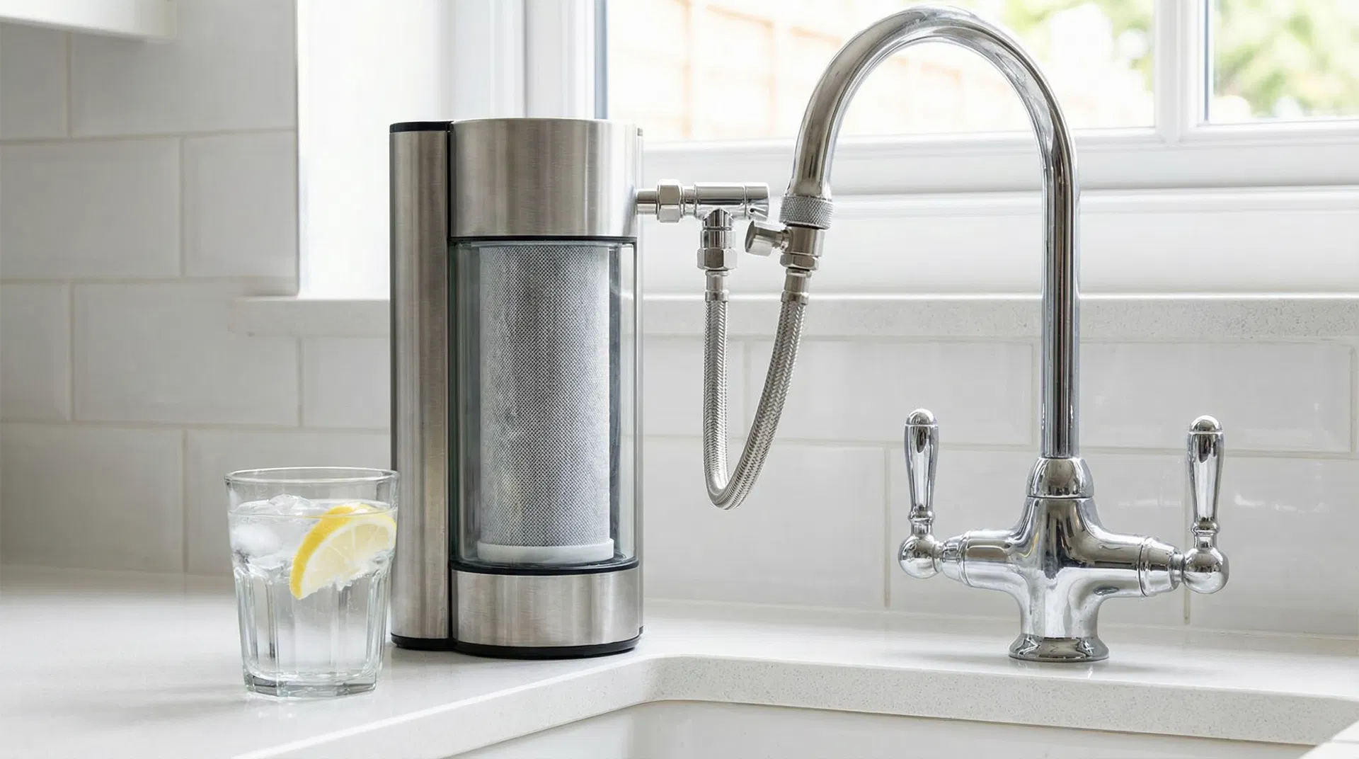A countertop carbon block water filter system connected to a kitchen tap in a British home — Level 2 everyday kitchen-tap filtering
