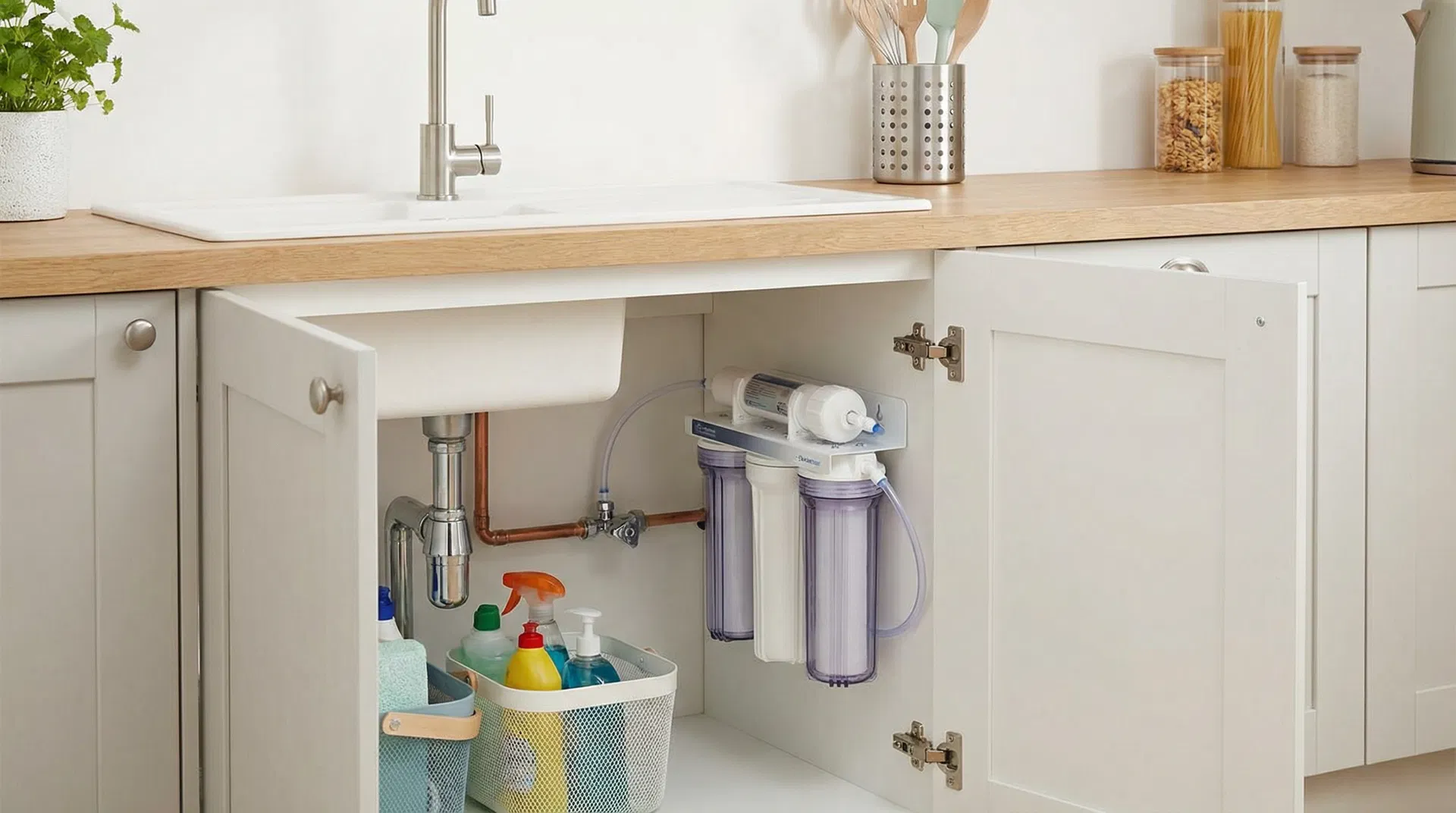 An under-sink multi-stage carbon block water filtration system installed in a British kitchen with a dedicated filter tap — Level 3 broader under-sink protection