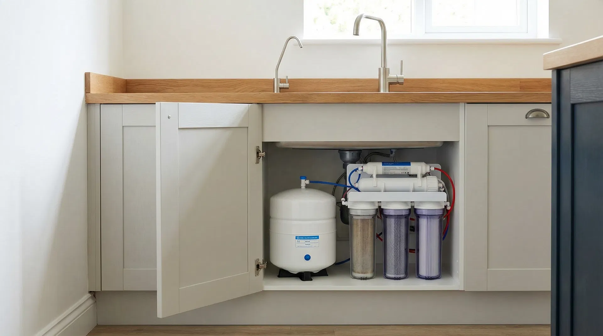 A reverse osmosis water filtration system installed under a kitchen sink with a pressurised storage tank and dedicated RO tap — Level 4 advanced reverse osmosis
