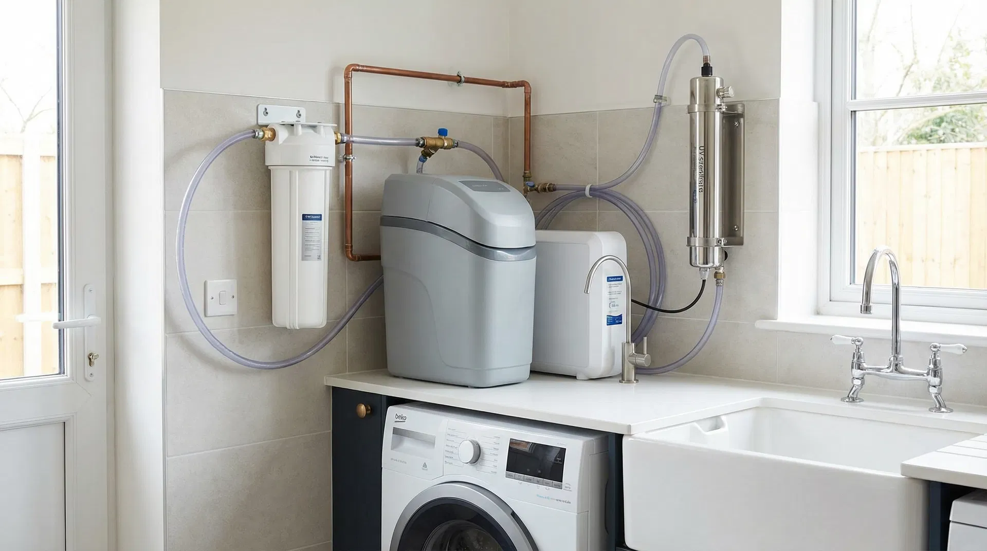 A comprehensive multi-barrier water treatment setup in a British utility room showing sediment pre-filter, water softener, RO system, and UV steriliser — Level 5 maximum practical domestic protection