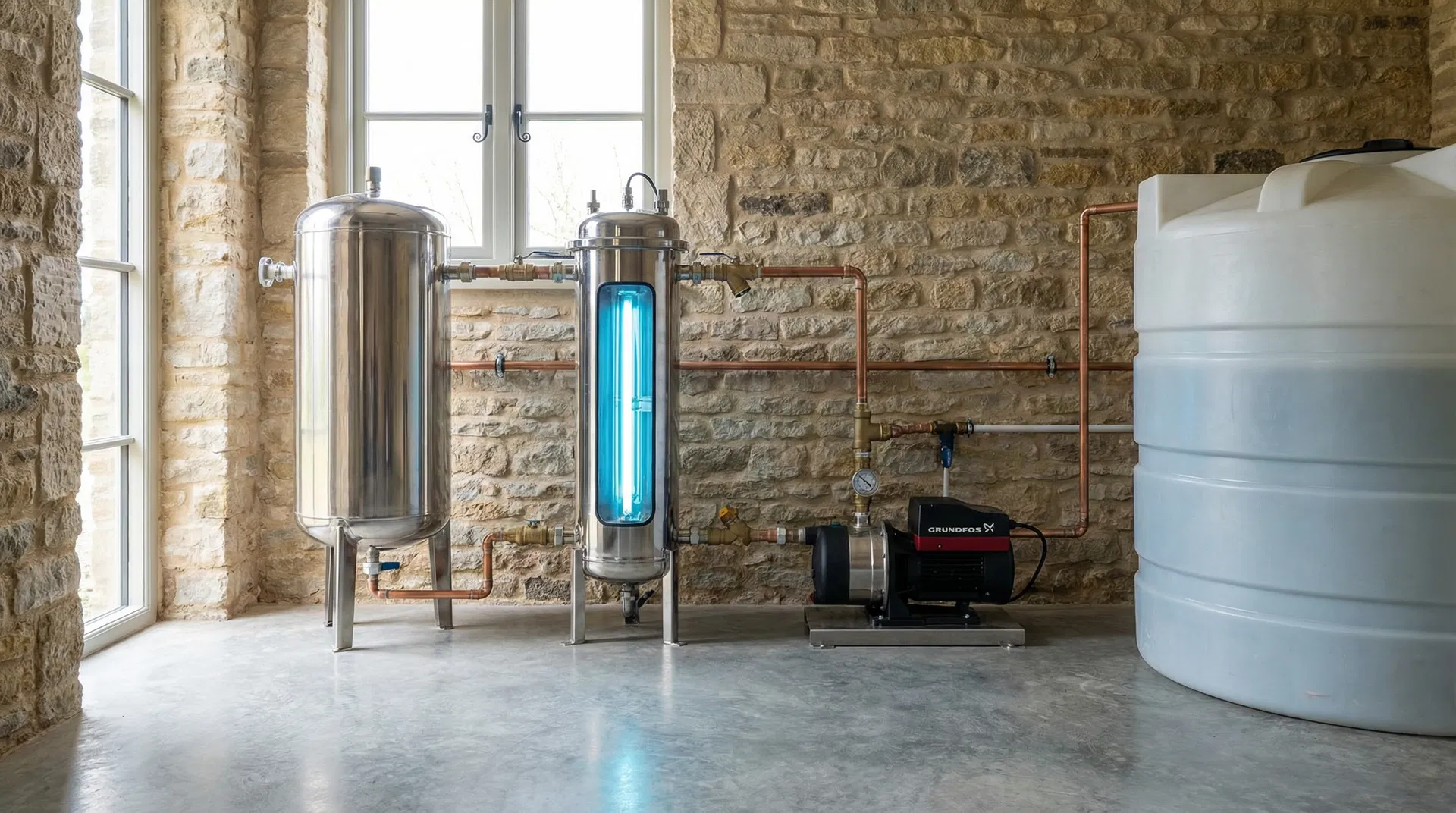 A rural British property water treatment room with sediment filter, UV sterilisation unit, pressure pump, and water storage tank — Level 6 private supply and biological risk protection