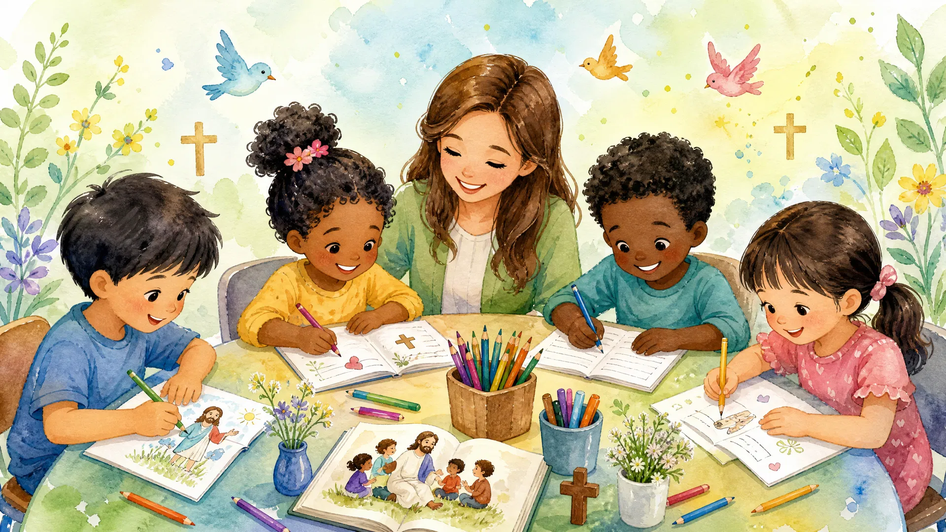 Professora e alunos fazendo atividades bíblicas