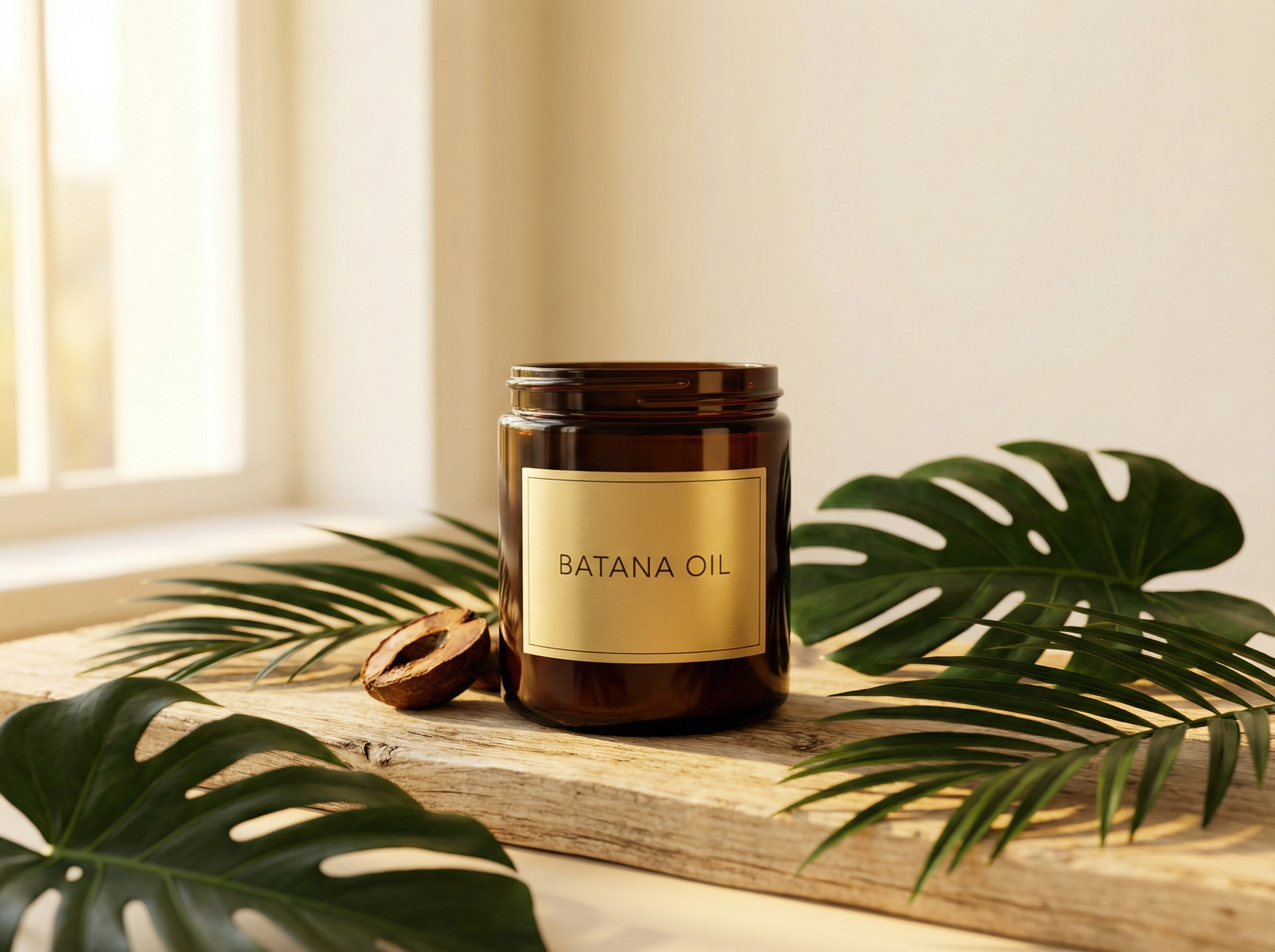 Botanic Batana Oil jar with tropical leaves and batana nuts