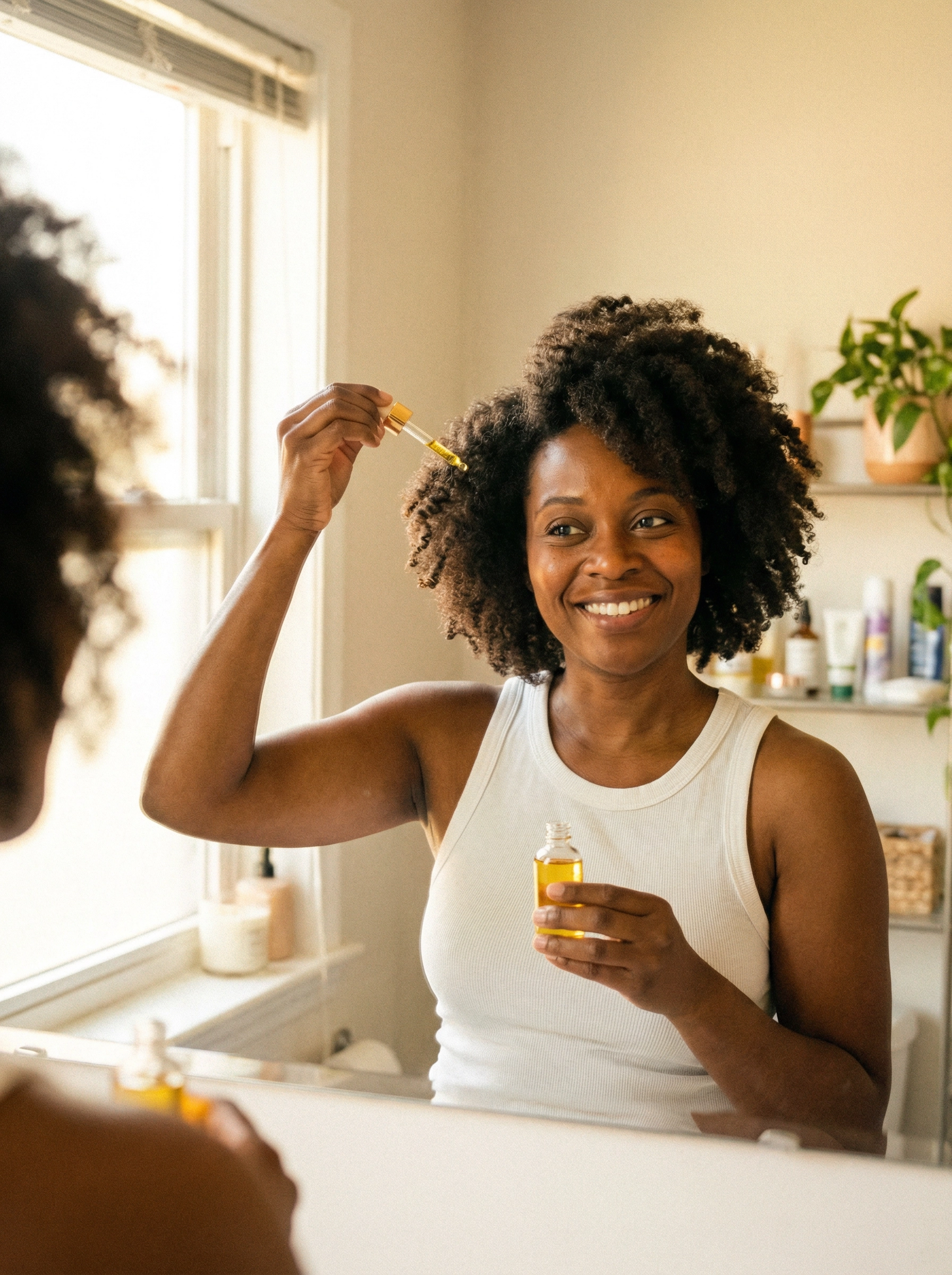 Woman applying batana oil to her natural hair