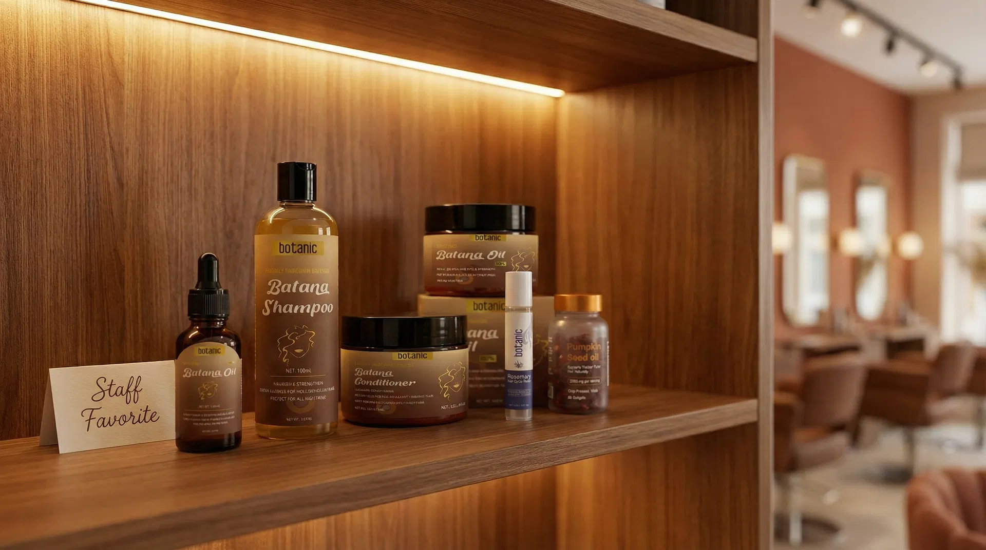 Botanic products displayed on a premium salon retail shelf