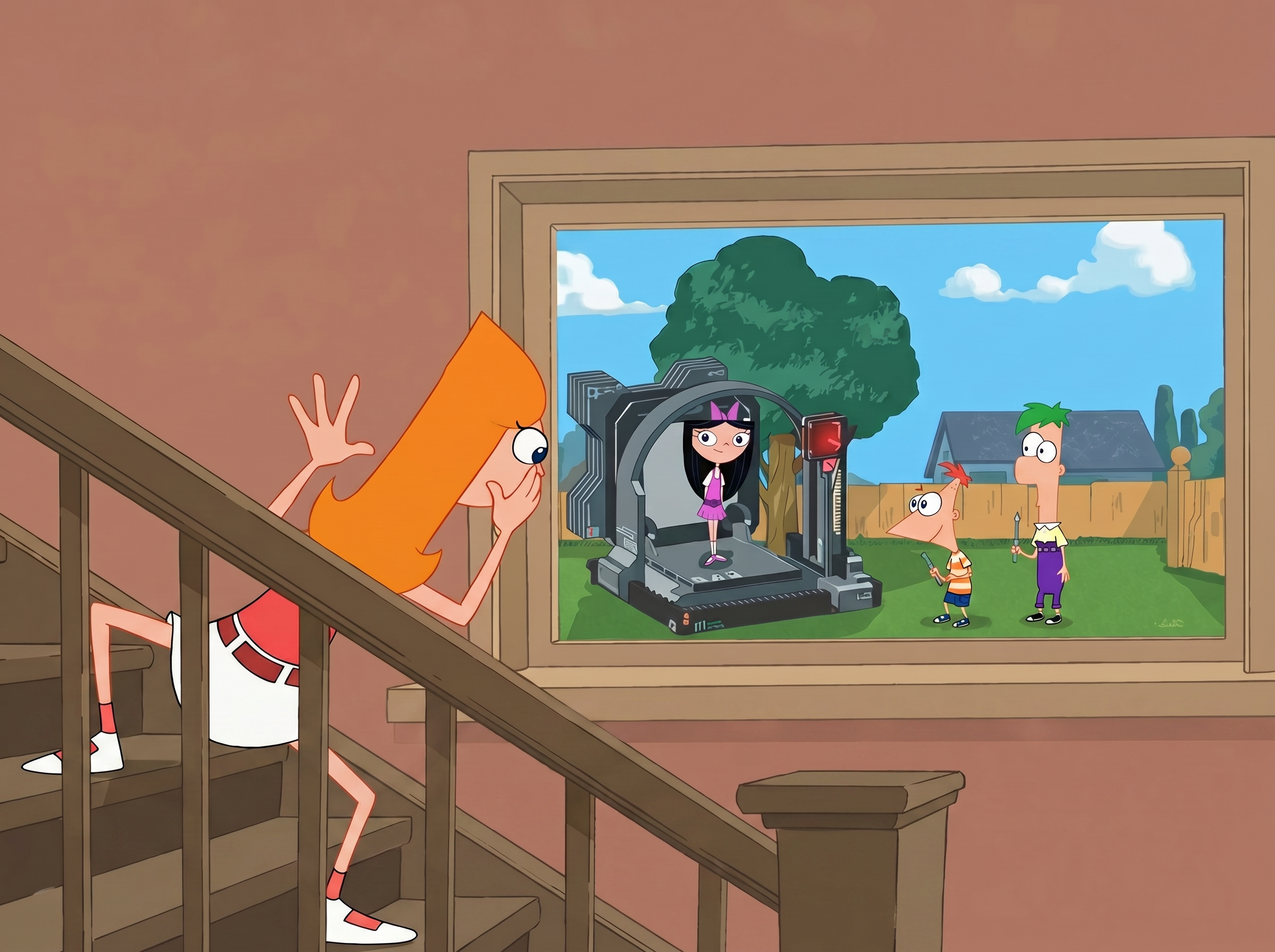 Mom! Phineas and Ferb built a teleporter… and Isabella’s already in it!