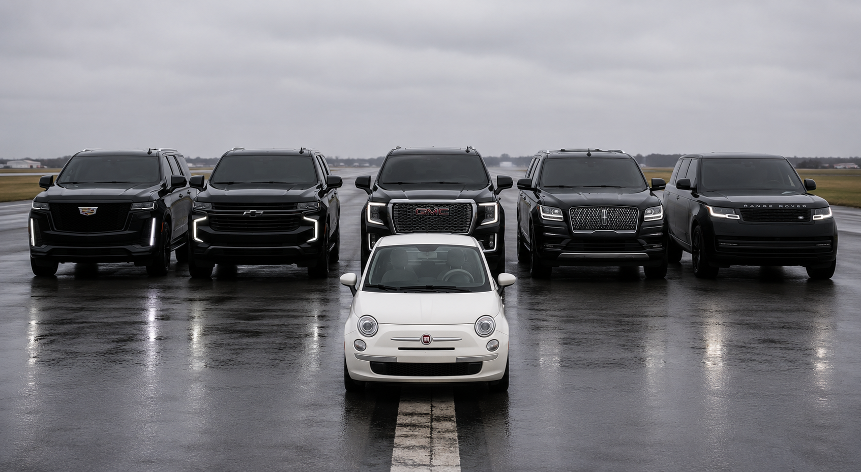 5 Black SUVs vs one small White Car