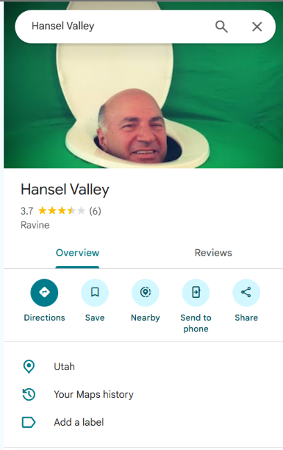 Current Google Maps Search For Hansel Valley