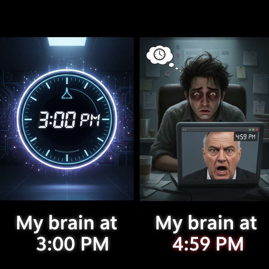 My brain clocking out at 3 PM vs. my body still stuck in a meeting at 4:59 PM
