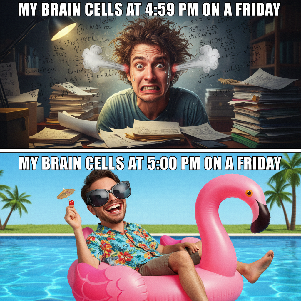 My brain cells at 4:59 PM on a Friday vs. 5:00 PM