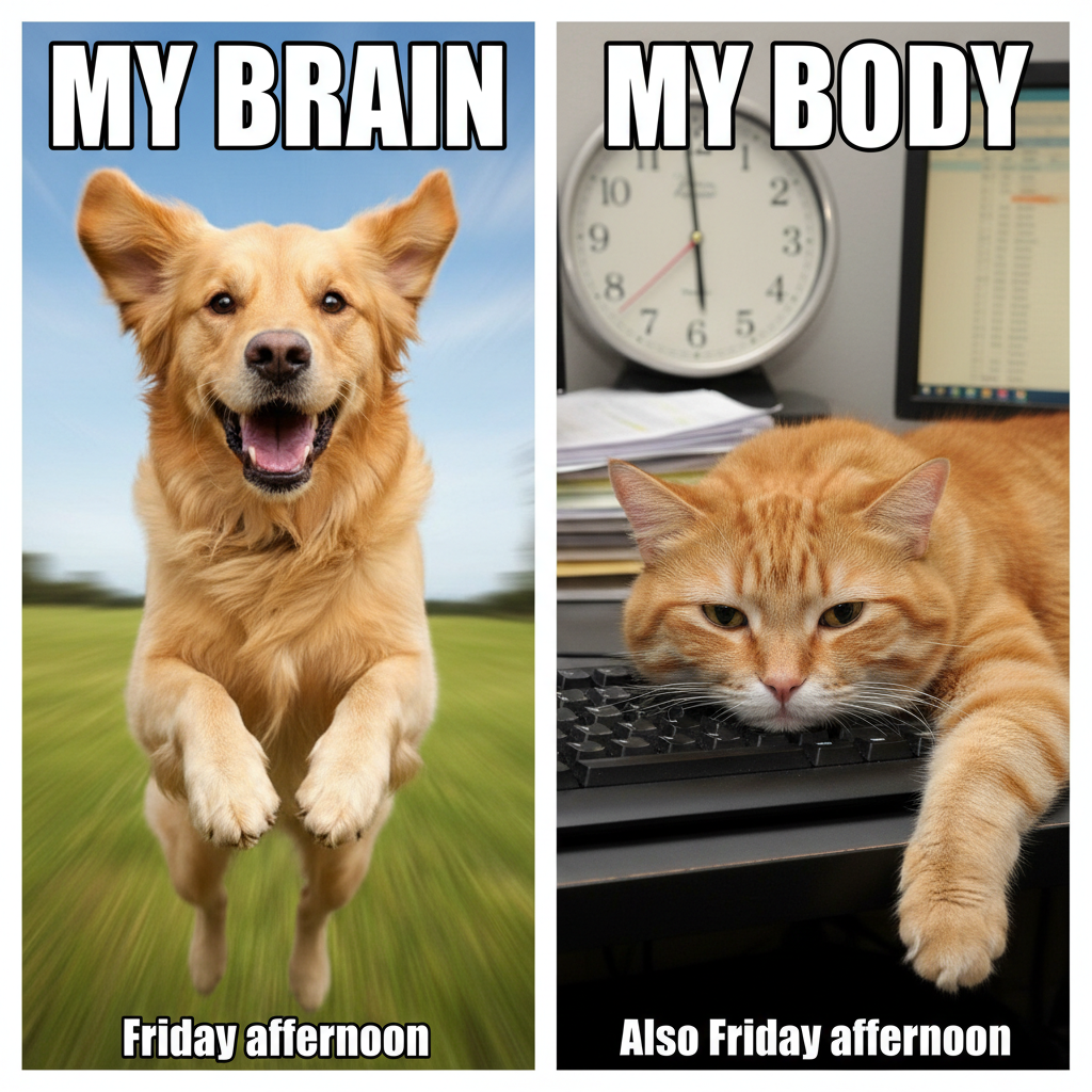 My brain clocking out at 4:59 PM vs. my body still stuck in the office