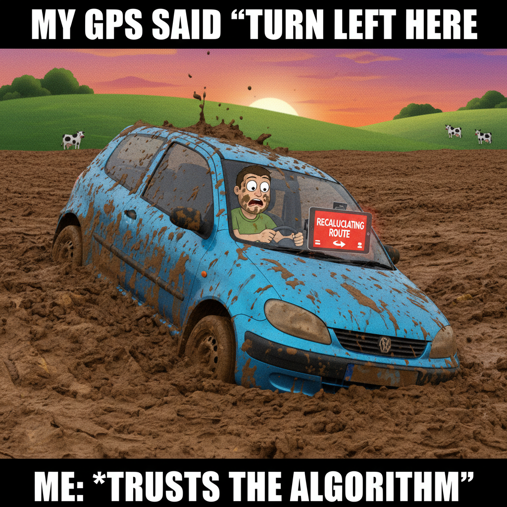 GPS: 'In 200 feet, turn left.' Me: *turns right into a field* My road trip experience.