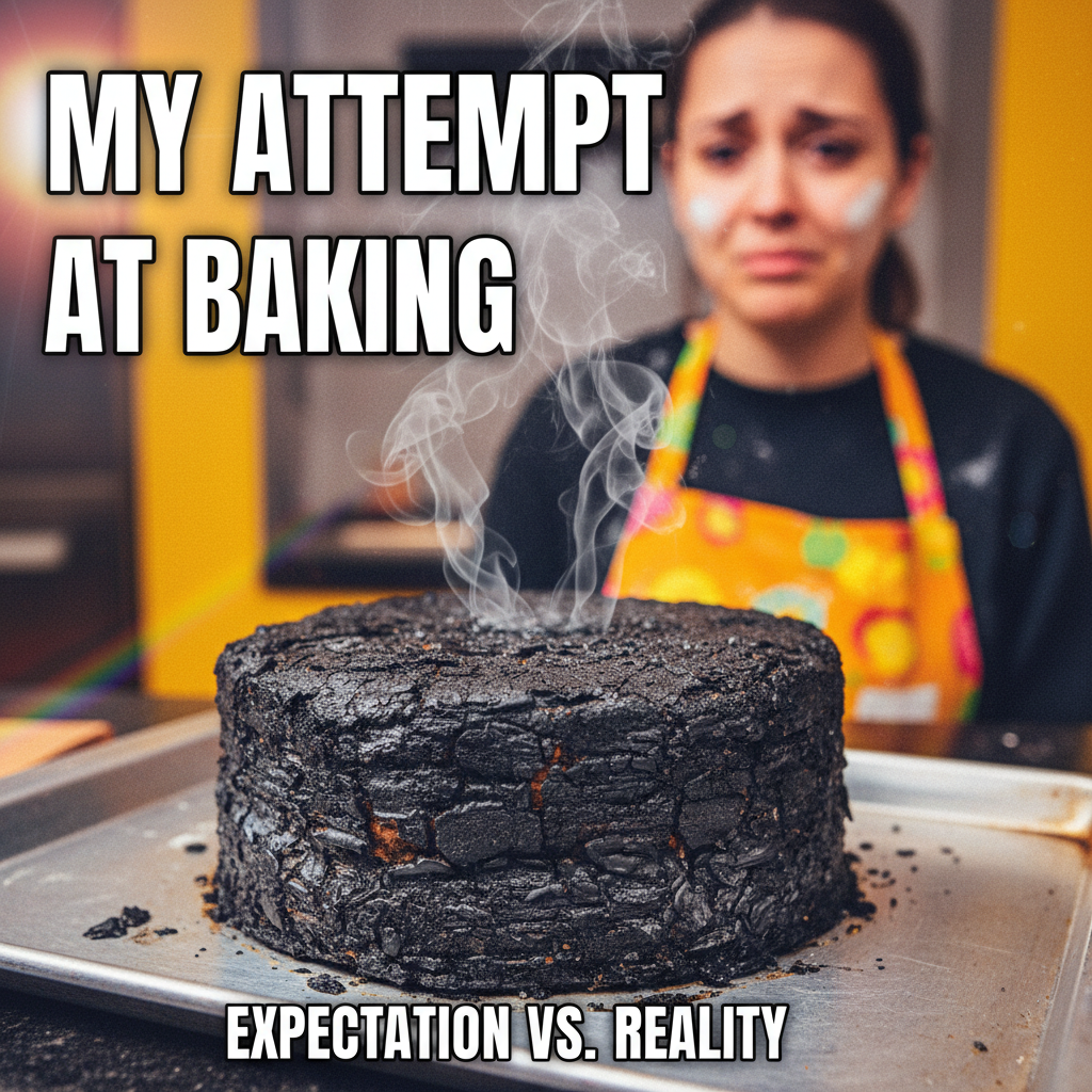 Tried to bake a cake, ended up with a charcoal briquette. My kitchen is now a crime scene.