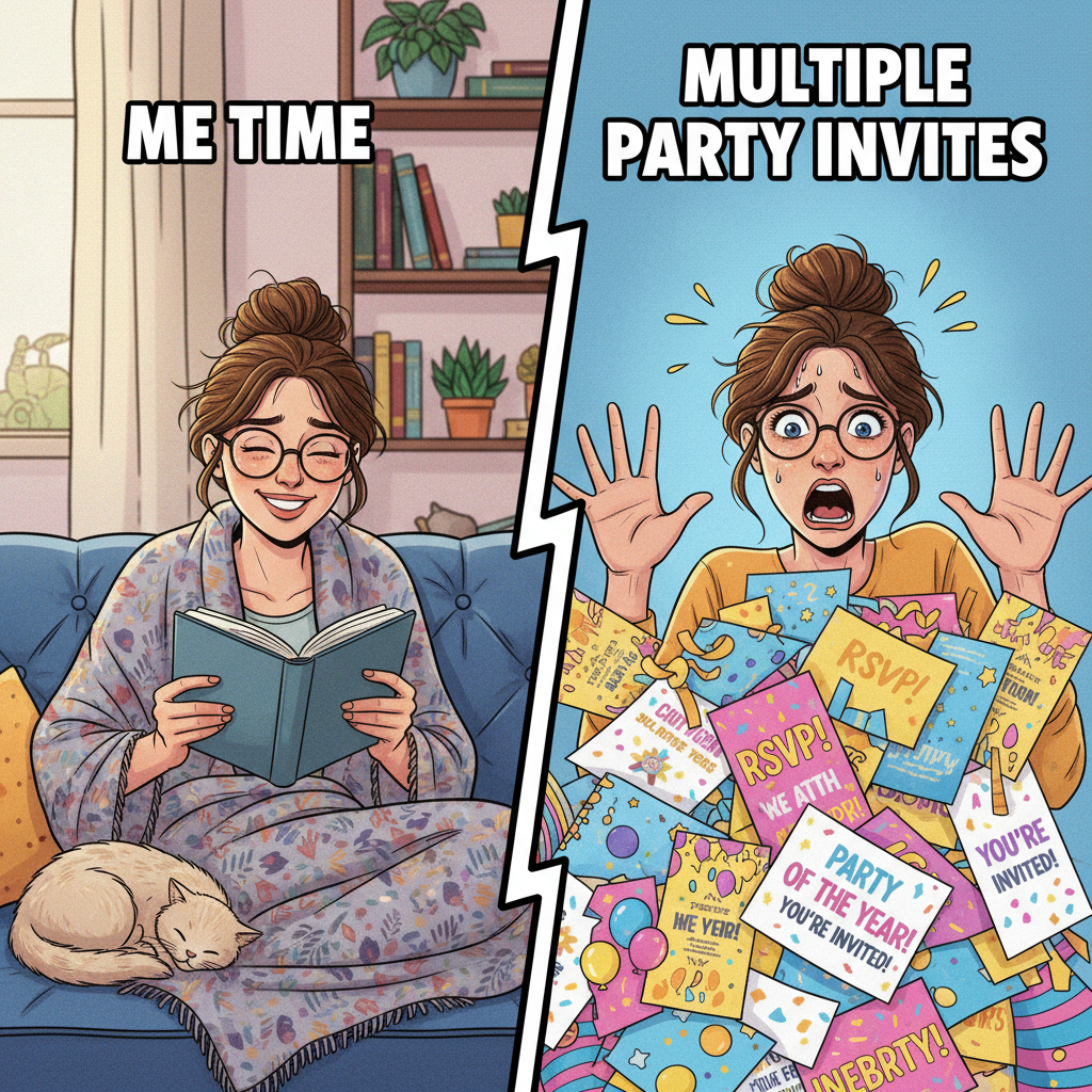 Introvert: 'I'm free Friday!' Extrovert: 'Great, 5 parties!' Introvert: 'Wait.'