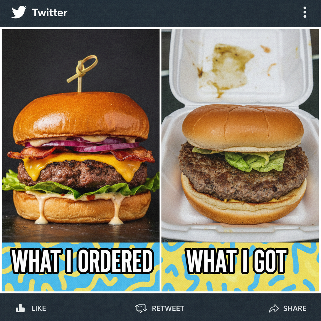 Ordered a gourmet burger, got a sad patty on a bun. My dreams are crushed. 🍔💔