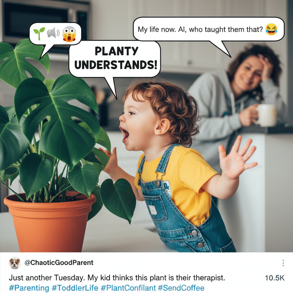 My toddler just explained the plot of Paw Patrol to a houseplant. This is my life now.