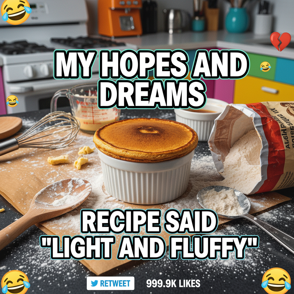 Attempted a soufflé, ended up with a deflated pancake. My kitchen is a warzone. #CookingFail