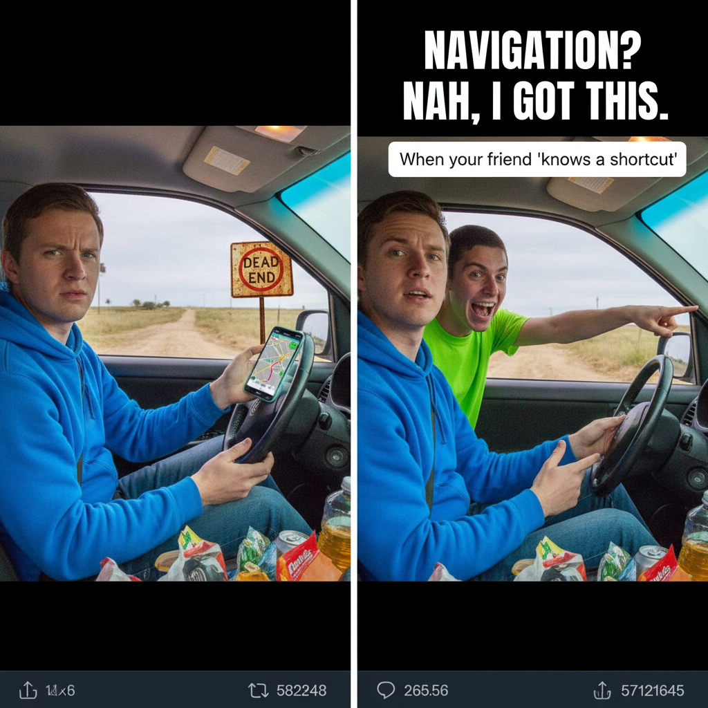 GPS said 'turn left in 500 feet.' My co-pilot said 'turn left now!' We're lost.