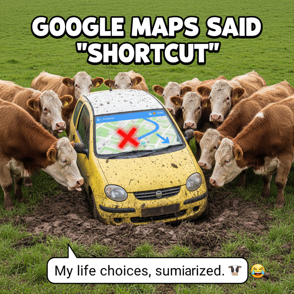 GPS said 'turn left'. I turned left. Now I'm in a cow pasture. Send snacks.