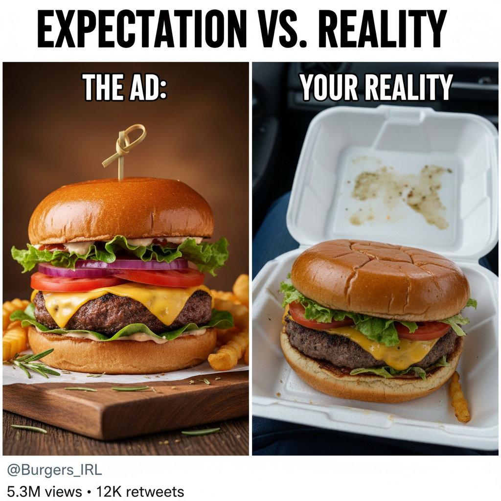 Ordered a gourmet burger. Got a sad patty in a box. My expectations vs reality.