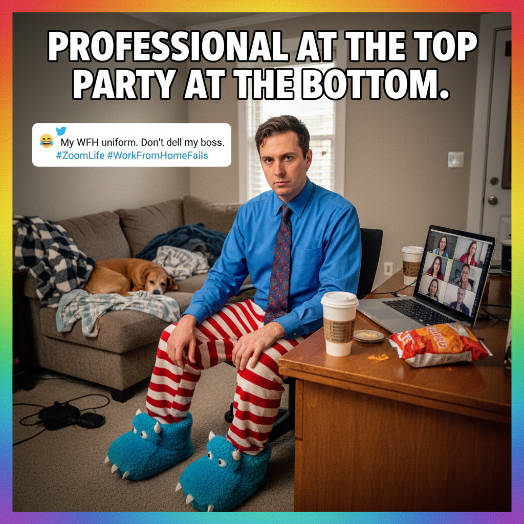 My WFH uniform is 50% pajamas, 50% 'I'm on camera, quick!' shirt. Relatable?