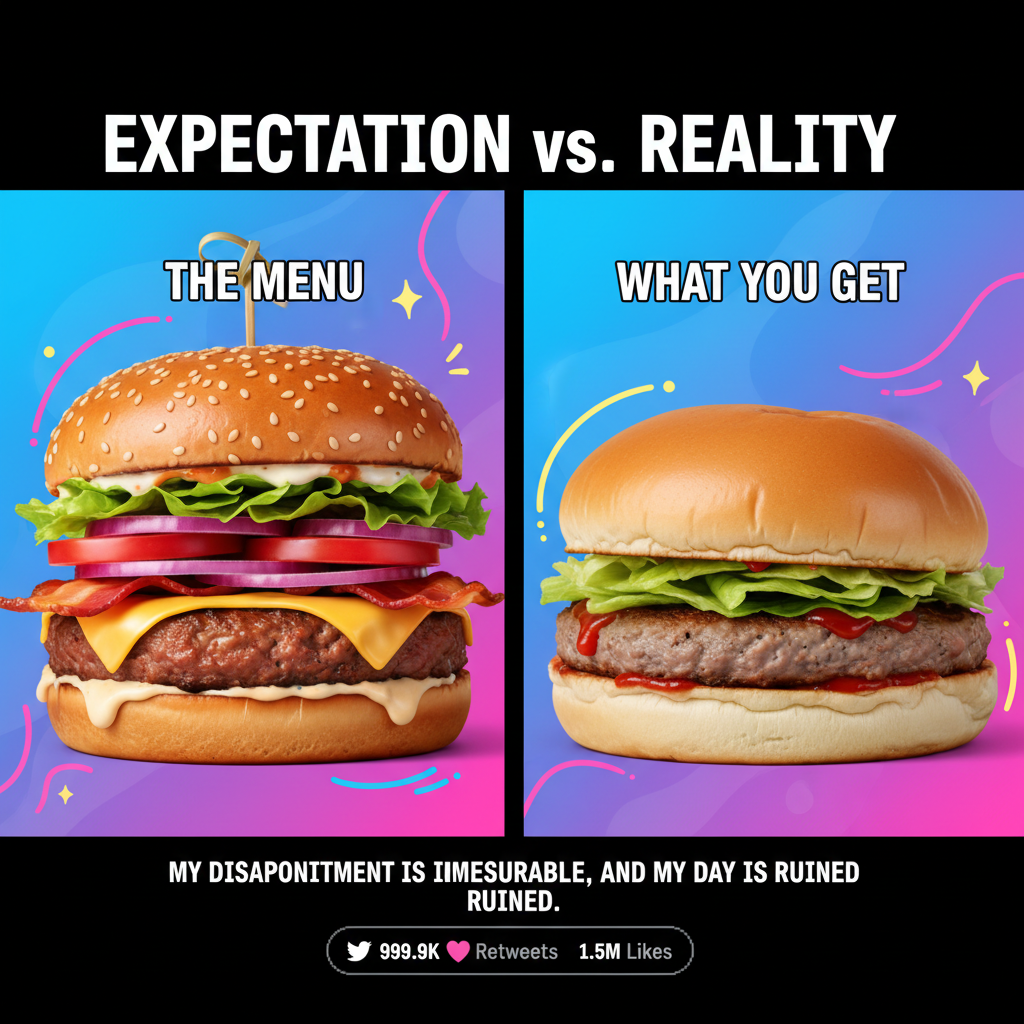 Ordered a 'gourmet' burger. Got two buns and a pickle. Expectations vs. Reality hit hard.