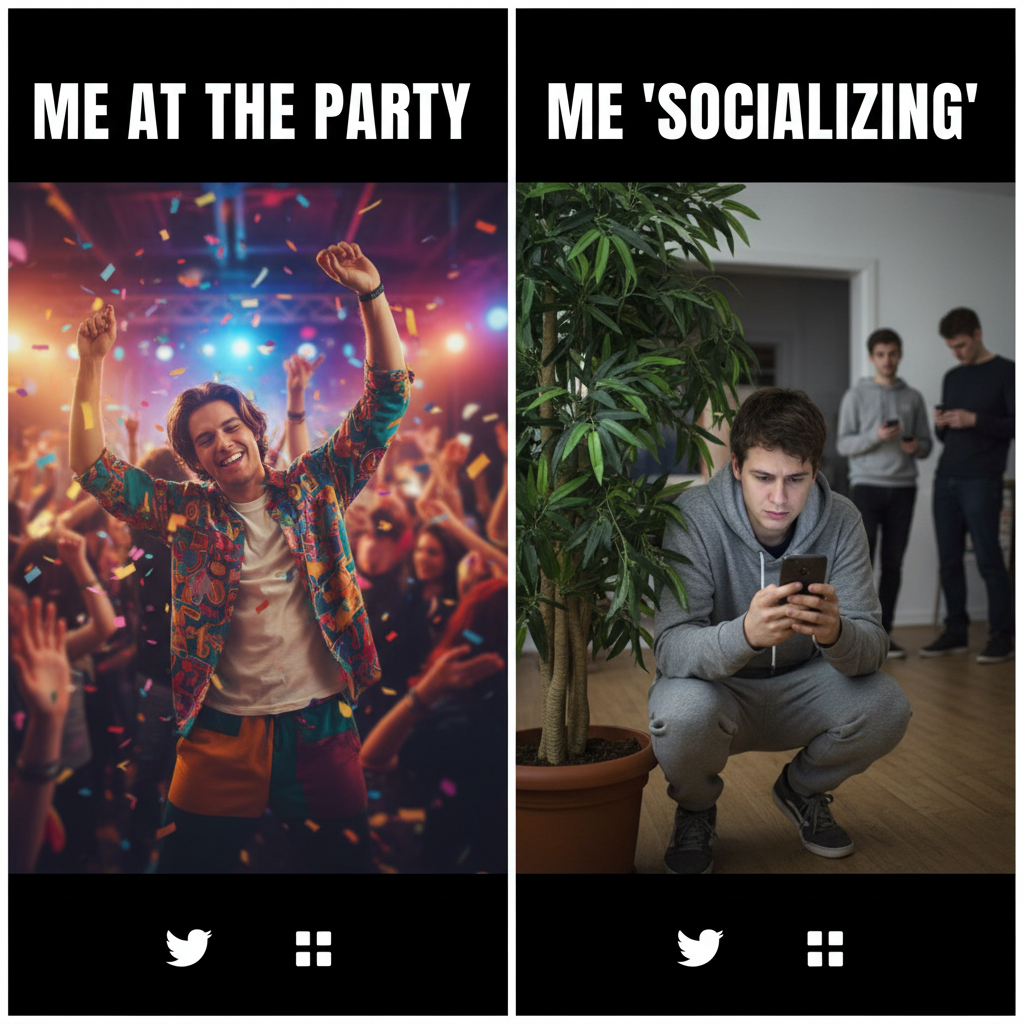 Introvert at a party vs. Extrovert at a party: One is thriving, the other is planning their escape.