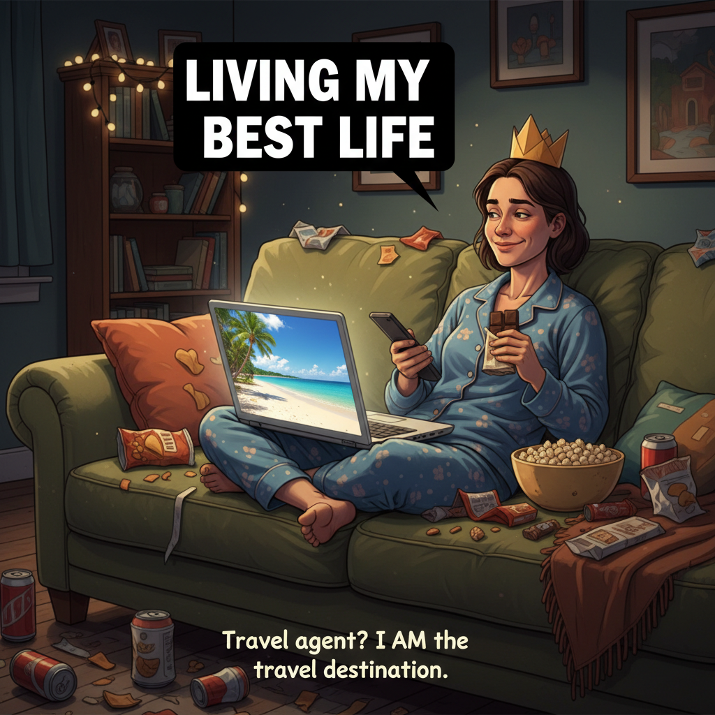 My 'vacation' itinerary: 1. Pack snacks. 2. Find comfy couch. 3. Watch travel vlogs. Peak adventure.