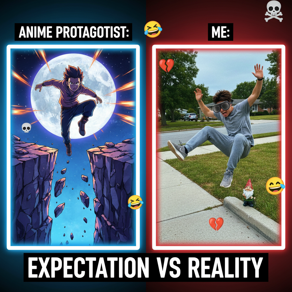 Me trying to use anime logic in real life: 'I can totally jump over that building.'