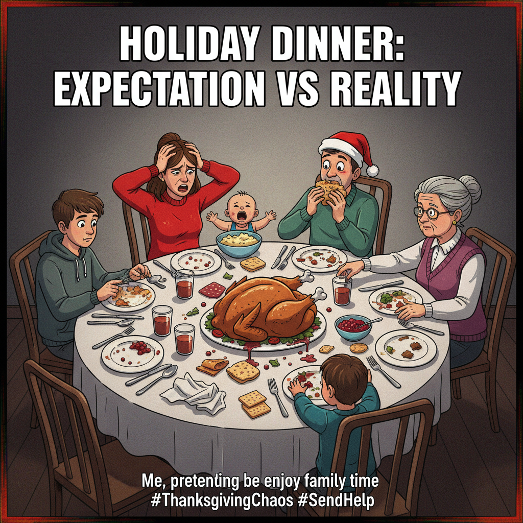 Holiday family dinner is just a competitive eating sport with passive aggression.