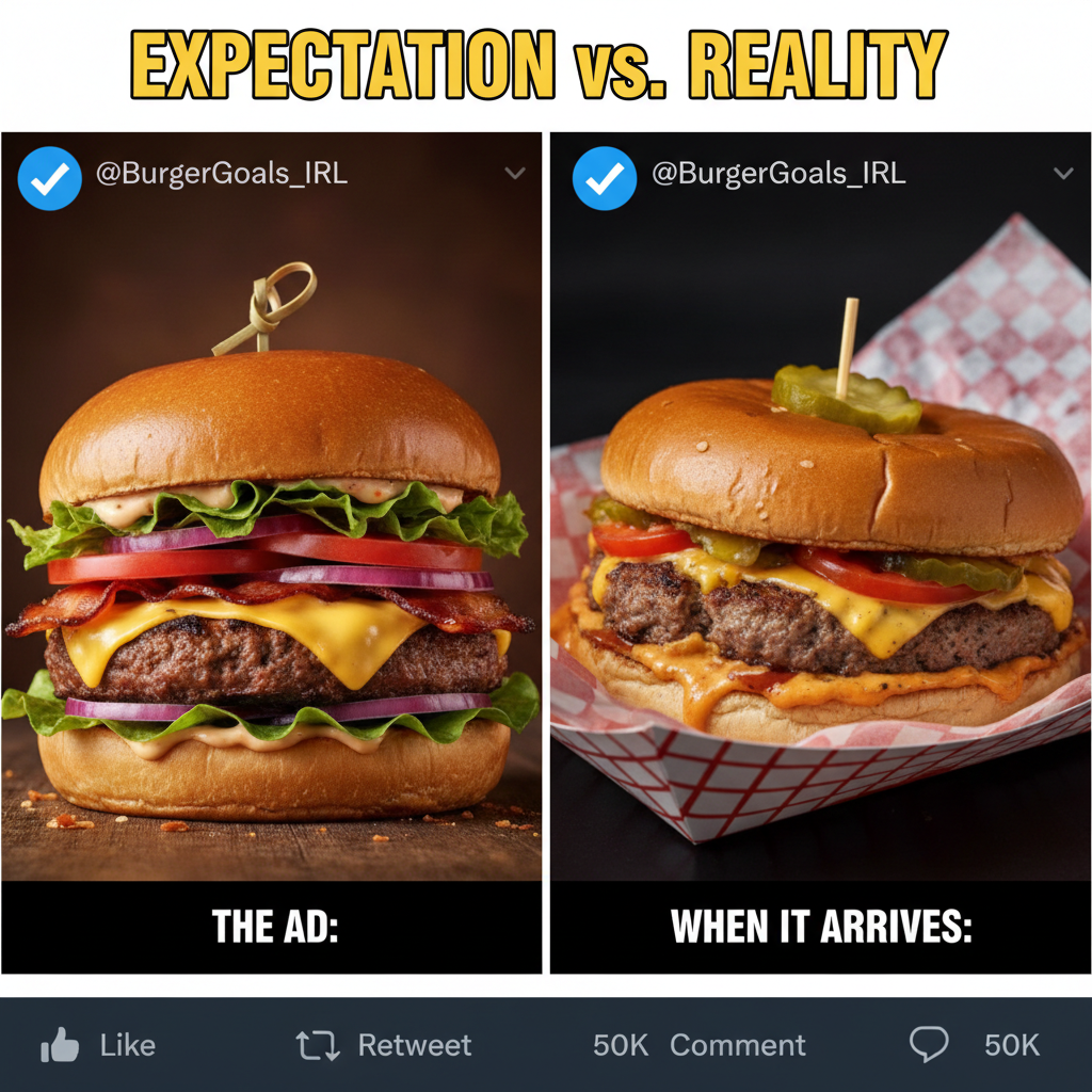 Ordered a gourmet burger, got a sad patty that looks like it lost a fight. #ExpectationVsReality