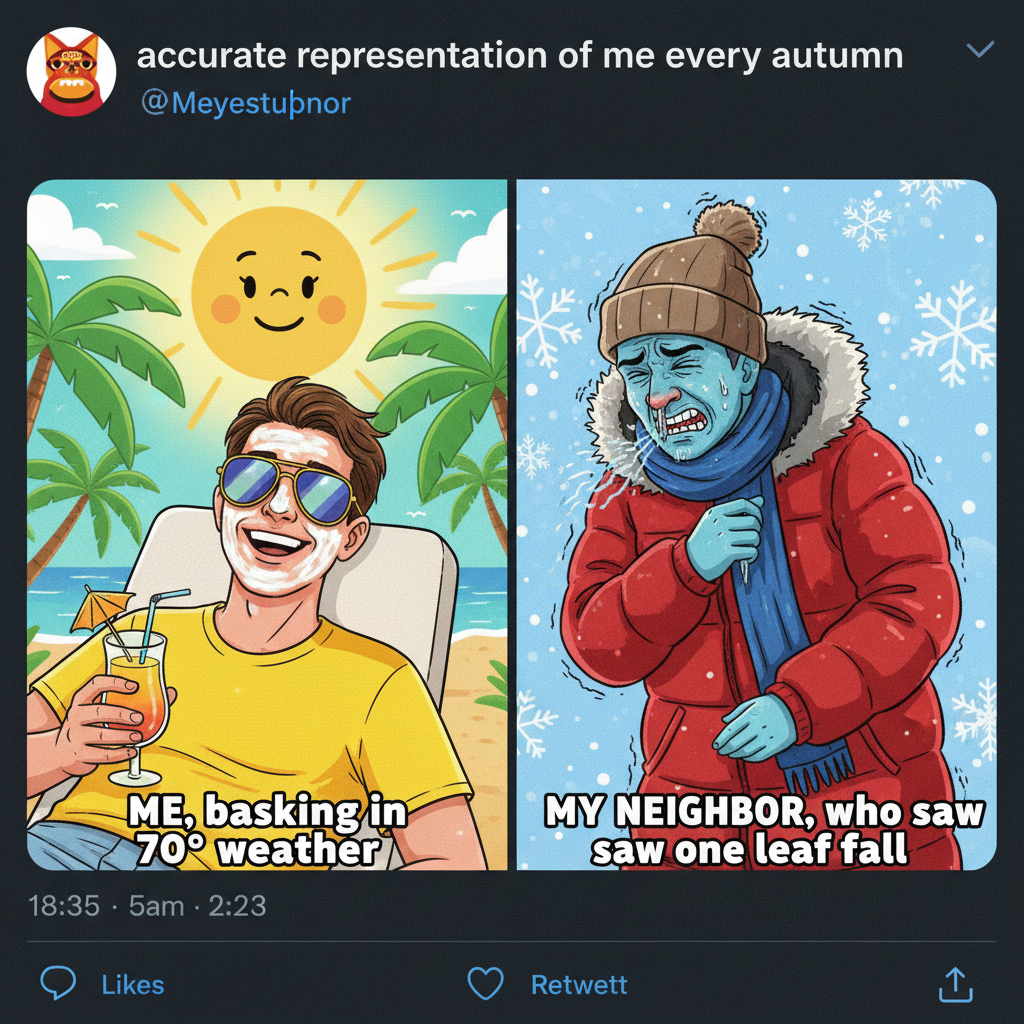 It's 70 degrees and sunny. My neighbor is still complaining about the 'chill'.