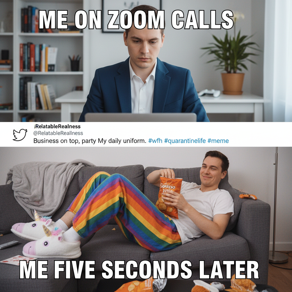 My 'professional' WFH outfit vs. what's happening below the camera. #WFHlife