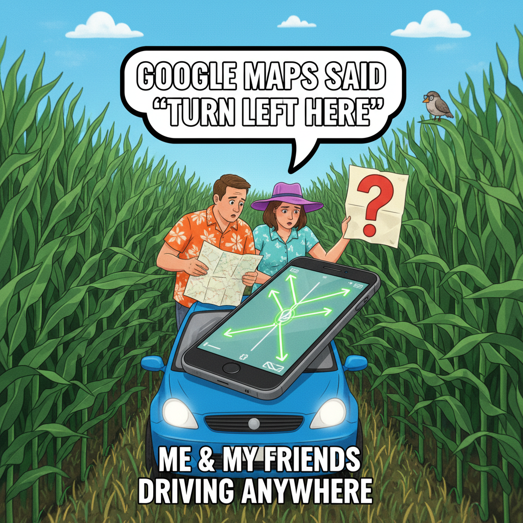 Road trip rule #1: Never trust the co-pilot with directions. We're in a cornfield.
