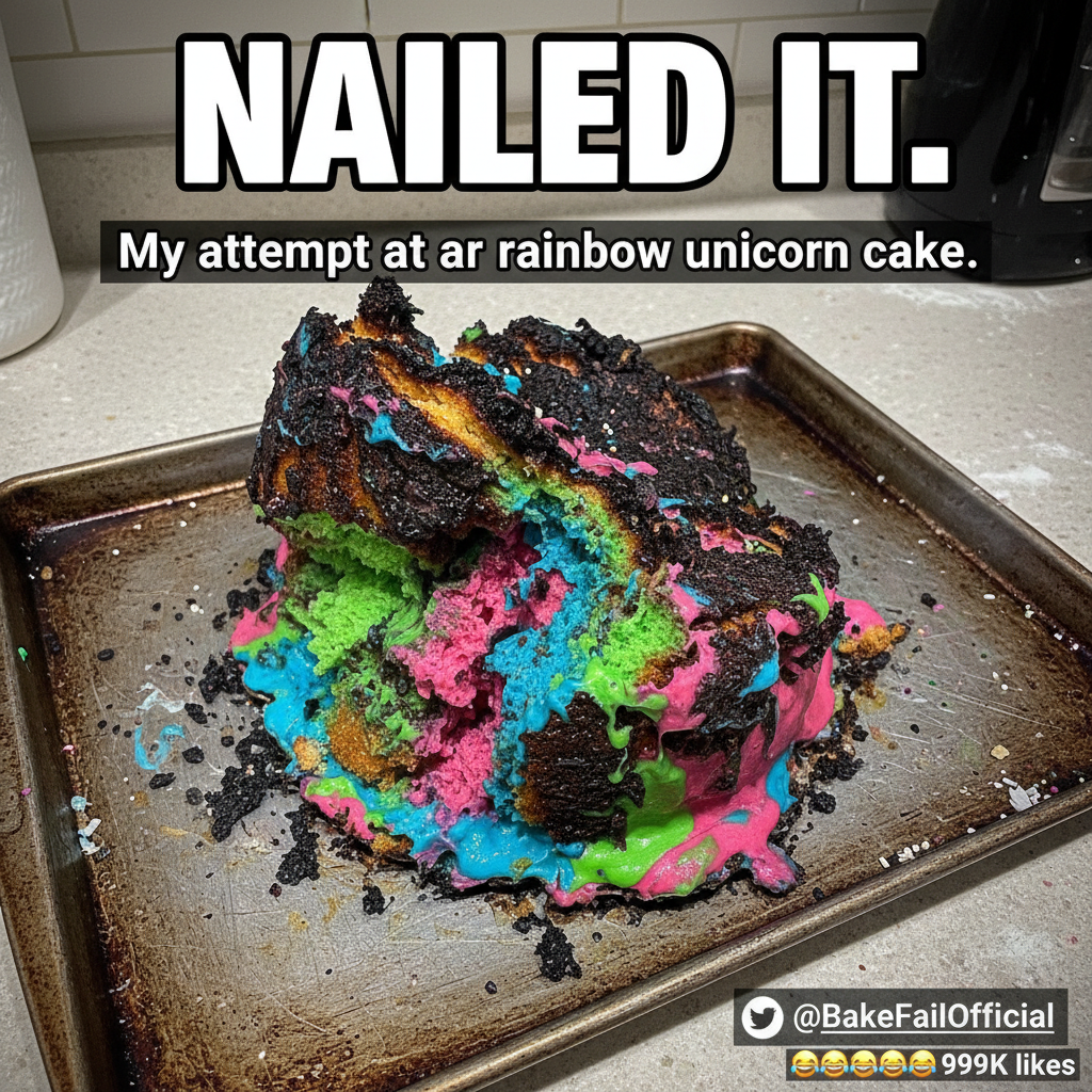 Attempted to bake a cake. It looks like an alien landed in my kitchen. Send fire dept.