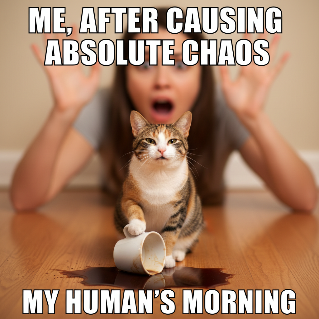 My cat just knocked my coffee off the table, stared me in the eye, and walked away. The audacity.