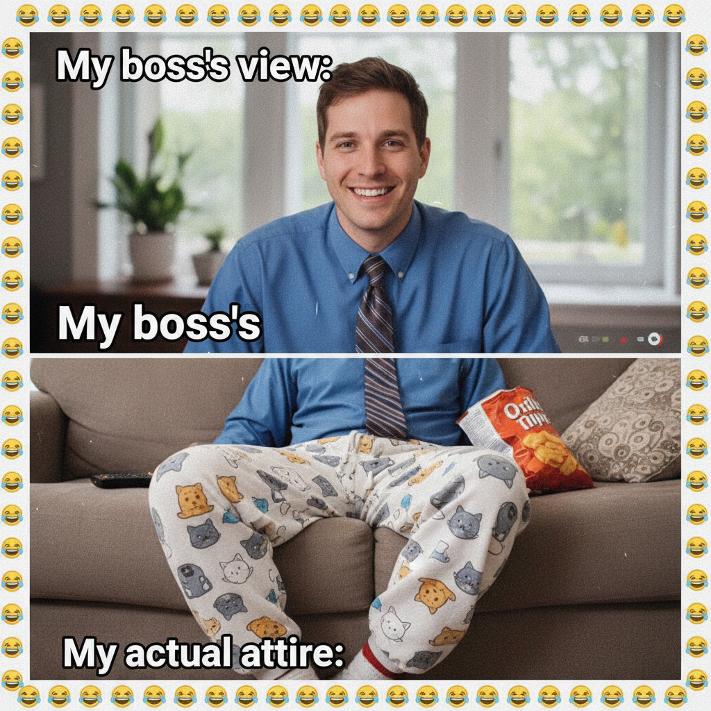 My 'work from home' outfit is 50% professional top, 50% pajama bottoms. The perfect balance.